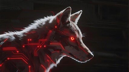 Cybernetic wolf with glowing red circuitry and illuminated eyes in a dark environment