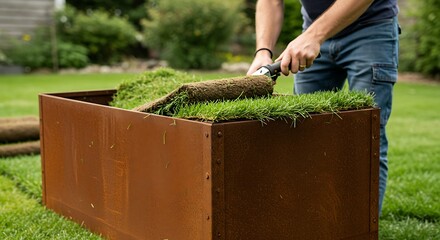 Gardener planting fresh turf in a rectangular planter box outdoors