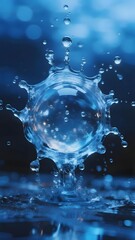 Water droplet splashing in slow motion, creating a crown-like splash with surrounding droplets against a blue background