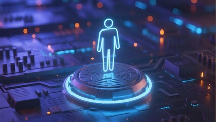 Neon human silhouette standing on a glowing platform within a futuristic circuit board environment