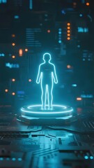 Neon human silhouette on a glowing platform in a futuristic digital environment