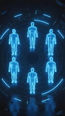 Six human silhouettes displayed in blue holographic form on a circular interface with glowing lines and a dark background.