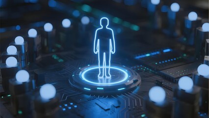 Digital human silhouette on a glowing circuit board with illuminated components in a futuristic tech environment