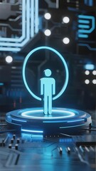 Digital human silhouette illuminated on a futuristic platform with circuitry background