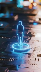Neon human silhouette standing on a glowing platform over a circuit board in a futuristic tech environment