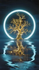 Golden tree illuminated by a glowing ring, reflected in water at night