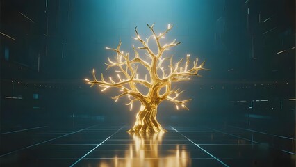 Glowing golden tree in a futuristic digital environment with reflective floor and blue lighting