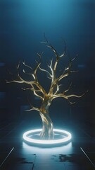 Glowing golden tree with intricate branches standing on a luminous circular platform in a dark, futuristic environment