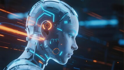 Cybernetic humanoid with illuminated circuitry and futuristic design in a high-tech environment