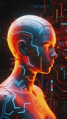 Cybernetic humanoid with glowing circuitry against a digital background