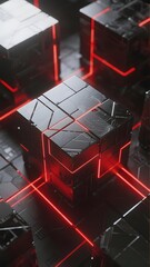 Futuristic black cubes with red neon lines on a dark grid surface