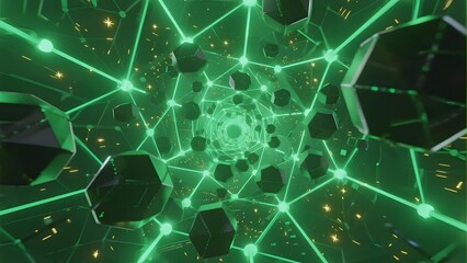 Abstract digital tunnel with glowing green lines and floating geometric shapes