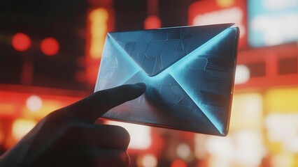 Hand holding a futuristic glowing envelope against a neon city background