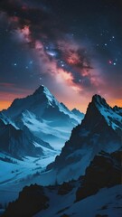 Snow-covered mountain peaks under a vibrant starry night sky with a glowing Milky Way