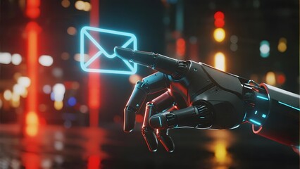 Robotic hand holding a glowing email icon in a neon-lit urban environment