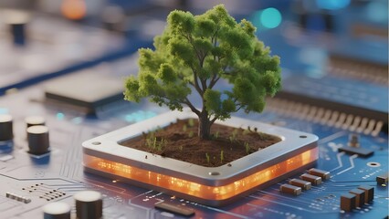 A small tree growing on a circuit board with glowing edges, symbolizing nature and technology integration.