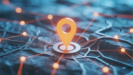 Digital map with location pin and network connections highlighting geographic data points