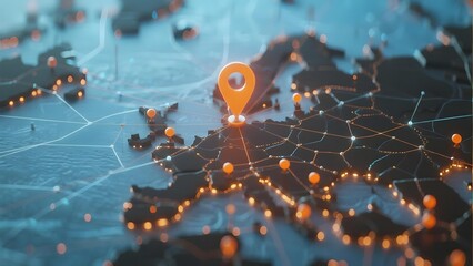 Digital map with interconnected nodes and location pin highlighting networked geography