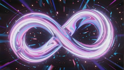Glowing infinity symbol with vibrant neon colors against a cosmic background