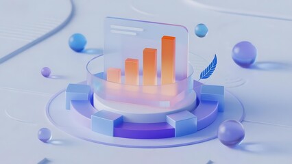 3D animated bar chart displayed on a futuristic platform with floating spheres and geometric elements