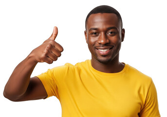 Man in yellow t shirt giving thumbs up isolated on transparent background