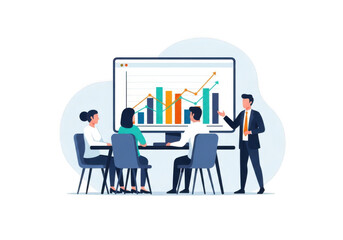 Business meeting with financial charts on screen isolated on transparent background