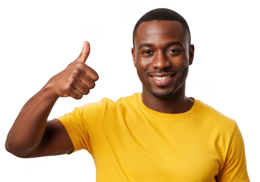 Man in yellow t shirt giving thumbs up isolated on transparent background