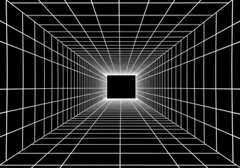 Abstract futuristic wireframe tunnel with glowing square at the end