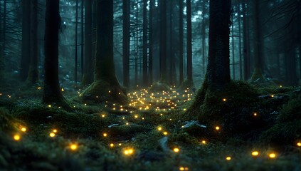 Fototapeta premium Mossy trees in dense forest illuminated by gentle sunlight