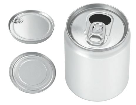Metallic beverage can, showing lid details, open & closed. Isolated on black