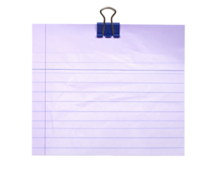 A piece of lined paper held by a blue binder clip, against a black background