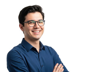 Smiling young man with glasses arms crossed isolated on transparent background
