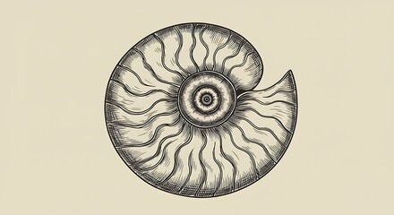 Detailed illustration of a fossilized nautilus shell on a neutral background