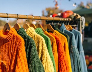 Colorful sweaters on a market rack