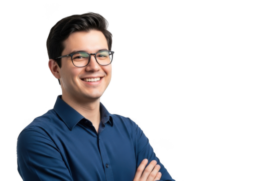 Smiling young man with glasses arms crossed isolated on transparent background