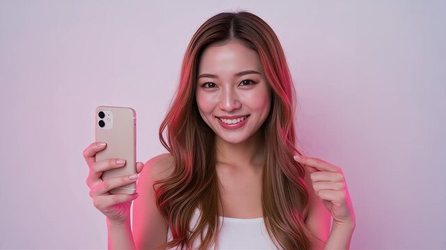 微笑みながらスマホを指さす、ピンクのライトに照らされた女性