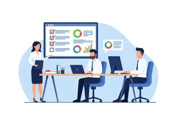 Business team analyzing charts and data on a whiteboard isolated on transparent background