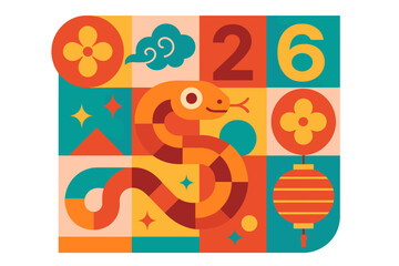 Chinese New Year 2026 greeting card. Year of the Snake. Lunar New Year zodiac animal symbol. Abstract geometric mosaic background with snake, lantern. Vector for banner, cover.