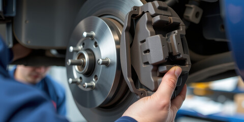 Mechanic removing worn brake pad from disc brake with hand, closeup repair scene