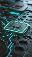 Close-up of a microchip on a circuit board with glowing blue pathways