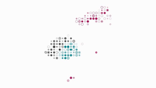 Fiji map animation. Shape of the country with pulsating colored dots. Large size circle blocks. Digital style Fiji map on white background. Artistic video.
