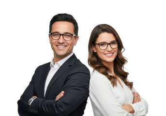 Smiling business couple wearing glasses isolated on transparent background