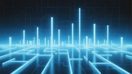 Abstract digital landscape with glowing blue lines and geometric patterns