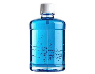 A translucent, rectangular bottle filled with blue liquid and bubbles, white cap