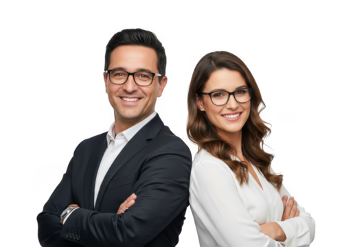 Smiling business couple wearing glasses isolated on transparent background