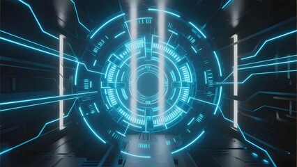 Futuristic high-tech corridor with glowing blue circuit patterns and circular digital interface