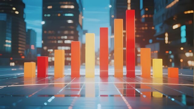 3D bar graph overlay on cityscape at night, representing data visualization in urban environment