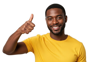 Man in yellow t shirt giving thumbs up isolated on transparent background
