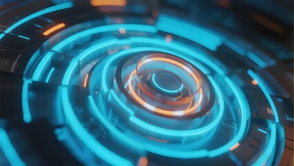 Abstract futuristic digital interface with glowing concentric rings and neon blue and orange lighting