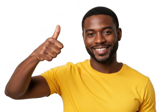 Man in yellow t shirt giving thumbs up isolated on transparent background